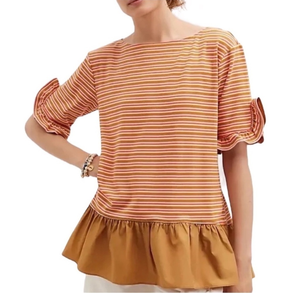 Maeve Ruffled Peplum Top NEUTRAL MOTIF Tunic Shirt Stripe Ruffle Sz L